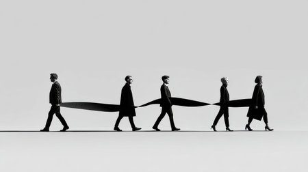 Five people walk together, each holding on to a long ribbon, showing a sense of unity and shared purpose in a minimalist setting.の素材