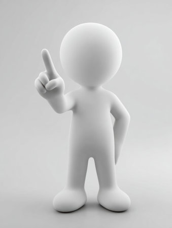 A character stands in a simple area, raising one finger. The character is sharing an idea or concept while looking upward.の素材