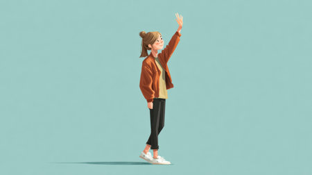 A character stands on a smooth surface and waves goodbye with a friendly gesture. The setting is simple, allowing the focus to be on the character.の素材