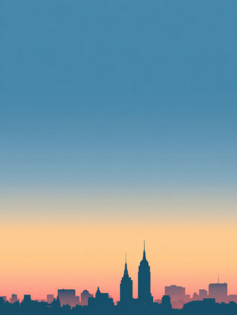 A minimal silhouette of New York skyline shows notable buildings against a gradient sky. The scene offers empty space for text or graphics.の素材
