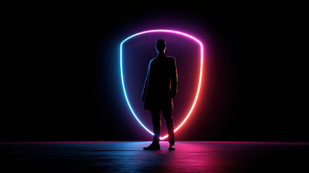 A cyber guard stands tall against a glowing ribbon shield shape in a dark setting, showcasing strength and protection at night.の素材