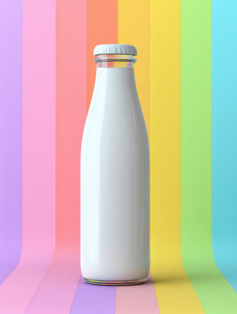 A bottle filled with white liquid is placed against a pastel gradient background featuring spring colors in a clean layoutの素材