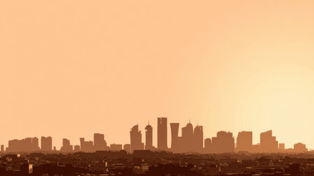 The Doha skyline appears as a minimal silhouette against a soft peach glow at sunset, revealing the citys distinct buildings and structures.の素材