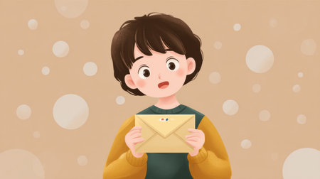 Character with light brown hair holds a yellow envelope with a surprised expression in a simple, blank background settingの素材