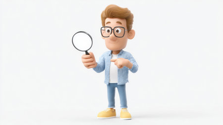 A character poses while holding a magnifying glass, engaged in research and searching for information against a plain background.の素材