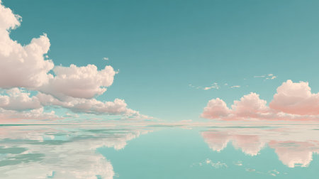 The scene shows smooth water reflecting a sky filled with soft pastel colors and fluffy clouds during the early morning or late afternoon.の素材