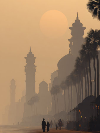 People walk along a street lined with palm trees while a desert city silhouette stands in the background during a warm sunset.の素材