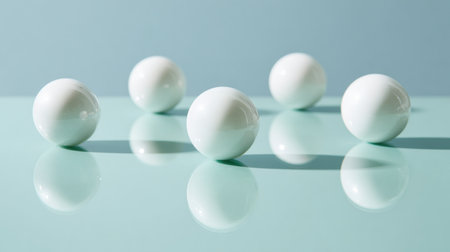Five white spheres reflect light against a pastel background on a flat surface, creating visual interest and empty space for product presentation.の素材