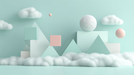 Pastel geometric shapes in various forms float against a cloud dancer background, creating a scene of modern minimalism in spring.の素材