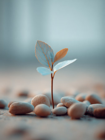 A small leaf emerges from a cluster of stones on a warm surface with soft colors during daylight. The scene shows hope and new beginnings.の素材