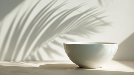 A white ceramic bowl is placed on a surface with soft spring shadows from nearby plants. The light enhances the clean design and minimal style.の素材