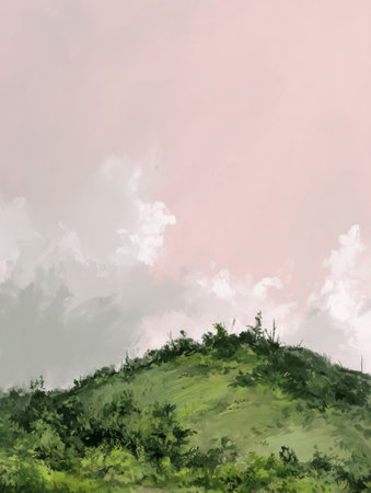Fresh greenery covers the hills under a pastel sky, creating a simple scene that captures the essence of springtime during the day.の素材