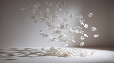 Floating petals fill the space above a flat surface, with soft shadows casting below in a warm white setting during the spring season.の素材