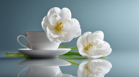 A white teacup rests on a glossy table next to two spring flowers, creating reflections in the shiny surface and leaving background space empty.の素材