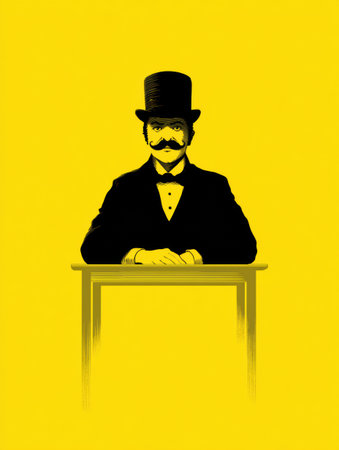 A banker mascot appears seated at a desk in a formal outfit. The background is bright yellow, creating a lively scene of business engagement.の素材