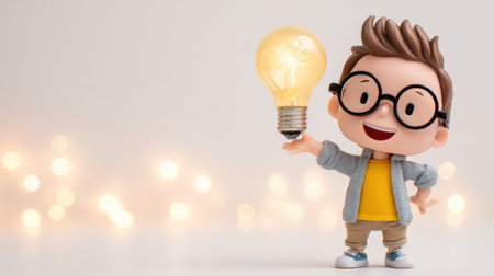 Chibi character shows excitement while holding a shining light bulb in a bright studio with a white background ready for inspiration and creativity.の素材