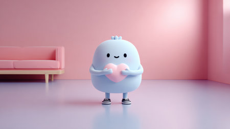 A mascot character holds a heart with both hands in a pastel colored room. The scene emphasizes support and connection among people.の素材