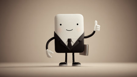 A friendly mascot wearing a suit stands confidently with a thumbs up in a corporate setting. There is space for additional text or branding.の素材