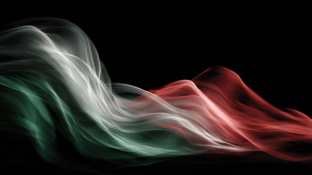 Soft waves flowing in black, white, red, and green. It creates a festive mood for UAE National Day with large empty areas.の素材