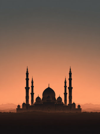 A mosque silhouette appears against a sunset sky with hues blending together. The empty center draws attention to the buildings design and features.の素材