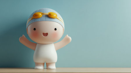 Chibi swimmer mascot with a swim cap shows a cheerful attitude while standing in a blank pastel setting ready for swimming activities.の素材