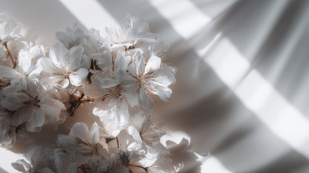 Petals drift softly across a warm white background with subtle shadows. The scene captures springs essence in a minimal style.の素材