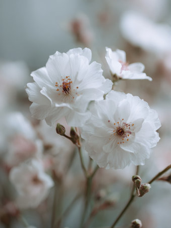 Soft-focus white blossoms appear against a pastel background, creating a dreamy spring scene with plenty of empty space.の素材