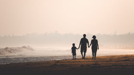 Parents and child walk hand in hand towards the waves at the beach with a blank horizon during sunset, creating a family moment by the sea.の素材