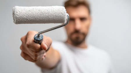 Man is engaged in home renovation holding a paint roller for decorating work in a plain, isolated area as part of restoration efforts.の素材