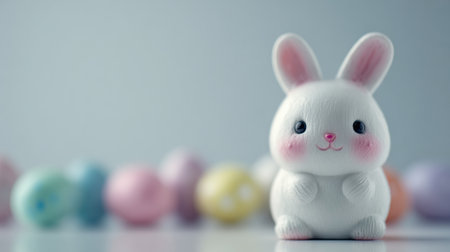Bunny figurine sits in front of painted eggs on light background, showing springtime joy and festive decoration for the season.の素材