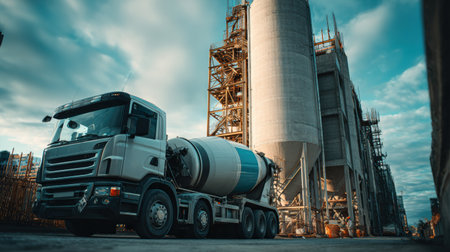 Mixer truck is delivering concrete mortar from a cement factory to a construction site with equipment in the background and cloudy sky above.の素材