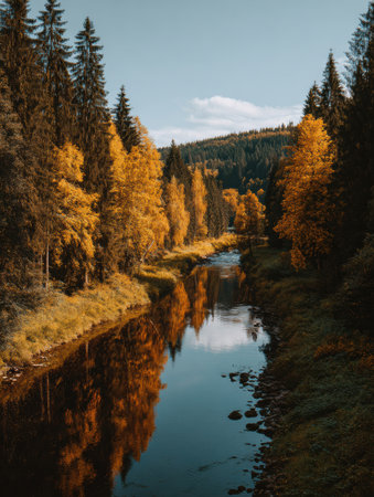 A river flows gently through a forest filled with trees showing golden leaves as their reflections shimmer on the water under a blue sky.の素材