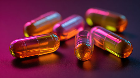 Dietary supplement capsules are arranged on a dark surface with vibrant gym neon lights in the background creating a fitness atmosphereの素材