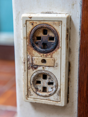 A short circuit occurred due to a burnt wire and a damaged socket plug in a residential area. Appearance shows signs of wear and residue.の素材