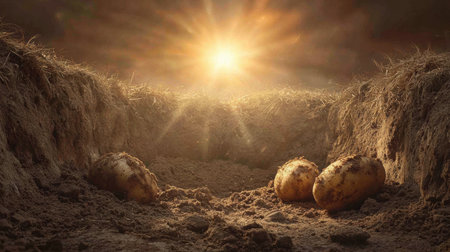 Fresh potatoes are resting in soft mud under bright sunlight in a hole, showing a typical farming scene in a rural area during daytime.の素材