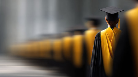 Graduates in caps and gowns walk in rows at a ceremony, celebrating their achievements with friends and family in attendance.の素材