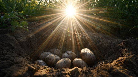 Potatoes rest in the mud of a hole as sunlight filters down, illuminating the scene in a rural setting during daylight.の素材