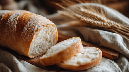 Slices of gluten-free bread are placed on a wooden board near wheat stalks in a bakery setting with soft natural light.の素材