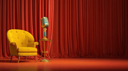 A vintage microphone stands beside an armchair on a stage covered with red curtains. This setup is ready for a comedy performance.の素材