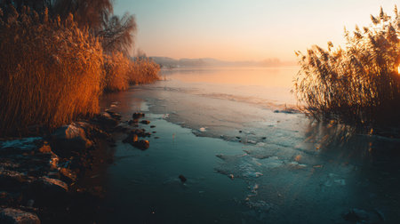 Sunlight breaks over a frosty lake shore with reeds along the edge and ice forming on the water, creating a quiet winter scene.の素材