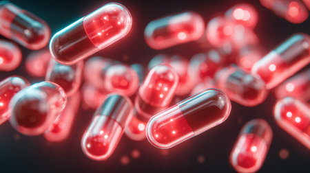 Capsules of a fat burner supplement float in the air against a blurred neon gym background, highlighting fitness and wellness.の素材