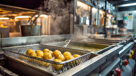 Fryer is busy cooking potatoes in hot oil while kitchen staff prepare food in a clean fast food restaurant setting.の素材