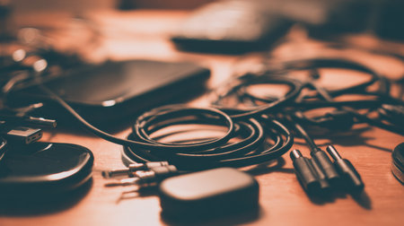 Wires and connectors are scattered on a desk in an office space, showing various tools for managing cables and electronics in a busy environment.の素材