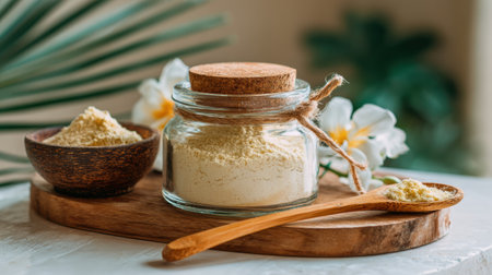Powdered prebiotic fiber is on a wooden surface next to a small bowl of powder. Flowers and plants enhance the wellness atmosphere.の素材