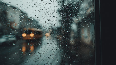 Rain falls steadily on the window, blurring the view of a cozy interior behind. An empty zone is visible amidst the rainy scene outside.の素材