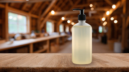 A clear bottle of organic dish soap is sitting on a wooden table inside a farmhouse with a blurred background of rustic decor and warm lights.の素材