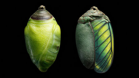 A large tropical butterfly emerges from its pupa, showing the change from green to vivid colors. This event highlights the beauty of nature.の素材