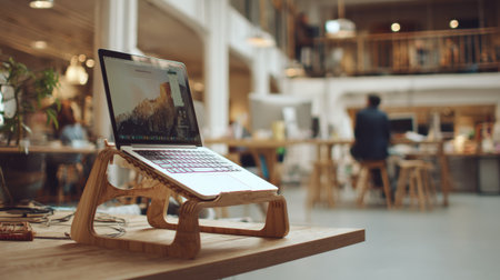 A wooden laptop stand is displayed on a table in a coworking space with people working in the background.の素材