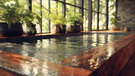 Water sparkles in the spa pool while plants decorate the area, showcasing a vibrant atmosphere in the indoor space.の素材