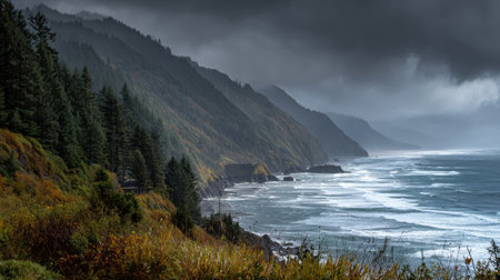 Fog fills the air over cliffs and ocean waves along the Oregon coast with dense trees stretching across the landscape at twilight.の素材